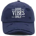 Distressed navy blue baseball cap with white GOOD VIBES ONLY embroidery for outdoor sun shade - Navy Blue