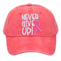 Vintage washed red baseball cap featuring pink ribbon never give up embroidery - Adult 56-60cm / Red