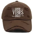 Distressed dark brown baseball cap with Good Vibes Only embroidery for summer sun protection - Coffee