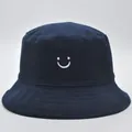Cappello da pescatore blu navy in cotone con ricamo smiley bianco minimalista - M（56-58cm） / Blu navy