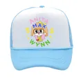 Light blue and white Anita Max Wynn trucker hat with mesh back and cartoon graphic - ANITA MAX WYNN Cartoon Girl Print / Girl - Sky Blue White