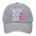 Washed grey baseball cap with pink ribbon and Never Give Up embroidery detail - Adult 56-60cm / Gray
