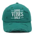 Detail of GOOD VIBES ONLY embroidery on distressed dark green cotton baseball cap - Green