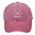 Gorra de béisbol de algodón rosa lavado con bordado blanco de Cat Mom y bigotes de gato - Adulto - Ajustable / Burdeos