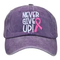 Washed purple cotton baseball cap with Pink Ribbon and Never Give Up embroidery - Adult 56-60cm / Purple