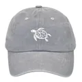 Close-up of turtle embroidery on dark gray washed cotton baseball cap with vintage texture - Adult - Adjustable / Gray