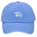 Close-up of white sea turtle embroidery on a vintage washed navy blue baseball cap - Adult - Adjustable / Light Blue