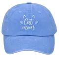 Détail de la casquette en coton délavé bleu clair avec broderie blanche Cat Mom - Adulte - Réglable / Bleu ciel