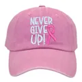 Pink washed cotton baseball cap with Never Give Up text and pink ribbon embroidery - Adult 56-60cm / Light Pink