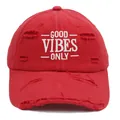 Cappellino da baseball rosso vintage con ricamo GOOD VIBES ONLY e effetto strappo - M / Rosso