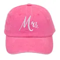 Close-up of Mrs. embroidery on rose pink washed cotton baseball cap with white script - Adult Size (56-60cm) / Mrs. Style / Rose Red