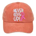 Orange washed cotton baseball cap with Never Give Up embroidery and pink ribbon - Adult 56-60cm / Orange