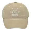 Gorra de béisbol de algodón lavado caqui con bordado blanco Cat Mom estilo vintage - Adulto - Ajustable / Caqui