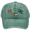 Detail of Palestine flag embroidery and text on vintage washed green cotton baseball cap - Green / Adult 56-60cm
