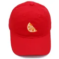 Detailed close-up of a red cotton baseball cap with orange slice embroidery and eyelets - Adult 56-60cm / Red