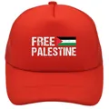 Close-up of red trucker hat featuring Free Palestine print and breathable mesh back - Adult - Adjustable / All Red