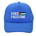 Blue mesh trucker hat with Free Palestine print and flag on white background - Adult - Adjustable / All Royal Blue