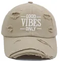 Berretto da baseball kaki in stile vintage con ricamo GOOD VIBES ONLY e strappi - M / Beige