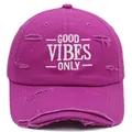 Distressed magenta baseball cap with white Good Vibes Only embroidery for summer wear - Rose Red
