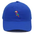 Close-up of vibrant parrot embroidery on the front of a navy blue cotton baseball cap - Sapphire Blue / Adult 56-60cm