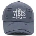 Distressed blue baseball cap with white Good Vibes Only embroidery and torn details - Fog Blue