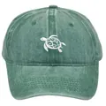 Distressed dark green baseball cap featuring white sea turtle embroidery and washed cotton - Adult - Adjustable / Green