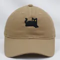 Berretto da baseball in cotone kaki con ricamo gatto nero dettagliato e stile minimalista - Adulto 56-60cm / Cachi