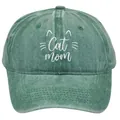Casquette vintage en coton lavé vert avec broderie blanche Cat Mom et motif chat - Adulte - Réglable / Vert