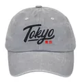 Gorra de béisbol de mezclilla gris lavada con bordado Tokyo negro y kanji rojos - Estilo Letras Tokio / Gris
