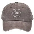 Casquette de baseball en coton délavé marron foncé avec broderie blanche Cat Mom - Adulte - Réglable / Café