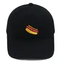 Black cotton baseball cap featuring detailed hot dog embroidery and six-panel design - Adult - Adjustable / Black