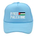 Light blue Free Palestine trucker hat featuring mesh back and high-quality printed flag - Adult - Adjustable / All Sky Blue