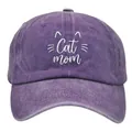 Casquette de baseball en coton lavé violet foncé avec broderie Cat Mom et oreilles - Adulte - Réglable / Violet