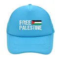 Sky blue trucker hat with Free Palestine print and flag featuring mesh back - Adult - Adjustable / Lake Blue