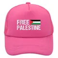 Pink mesh trucker hat featuring Free Palestine print and flag on the front panel - Adult - Adjustable / All Rose Red