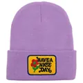 Purple ribbed knit beanie with Have a Nice Day yellow flower patch for women - Adult - Adjustable / Light Purple
