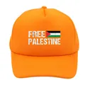 Orange Free Palestine trucker hat with mesh back and vintage flag print design - Adult - Adjustable / Orange