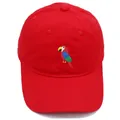 Red baseball cap featuring colorful parrot embroidery and classic curved brim style - Red / Adult 56-60cm