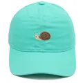 Close-up of detailed snail embroidery on a mint green breathable cotton baseball cap - Adult - Adjustable / Emerald Green