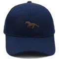 Detailed close-up of brown horse embroidery on a navy blue cotton baseball cap - Adult - Adjustable / Navy Blue