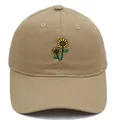 Khaki cotton baseball cap with sunflower embroidery and classic curved brim style - Khaki