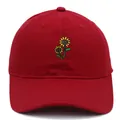 Deep red sunflower embroidery baseball cap made of premium washed cotton with curved brim - Burgundy