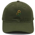 Macro detail of sunflower embroidery on an olive green washed cotton baseball cap - Army Green