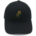 Black cotton baseball cap with sunflower embroidery and a curved brim for sun protection - Black