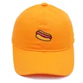 Bright orange cotton baseball cap featuring detailed hot dog embroidery on the front - Adult - Adjustable / Orange