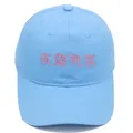 Light blue cotton baseball cap featuring pink Yoroshiku Japanese embroidery design - Adult - Adjustable / Sky Blue
