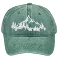 Detail of white mountain forest embroidery on washed green cotton baseball cap - Adult - Adjustable / Dark Green