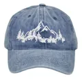 Detail of mountain forest embroidery on washed blue cotton baseball cap with white thread - Adult - Adjustable / Navy Blue