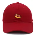 Red cotton baseball cap with detailed hot dog embroidery and six-panel structure - Adult - Adjustable / Burgundy