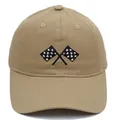 Detail of embroidered racing flags on a khaki cotton twill baseball cap with stitching - Adult - Adjustable / Khaki